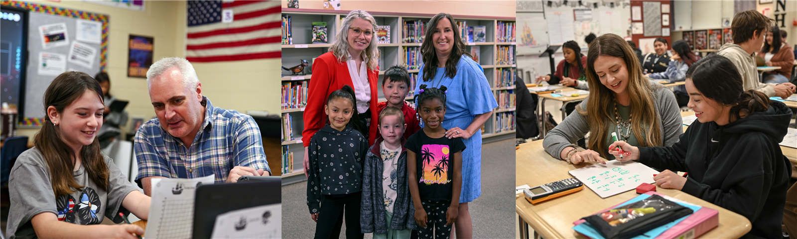 3 photos of teachers working with students